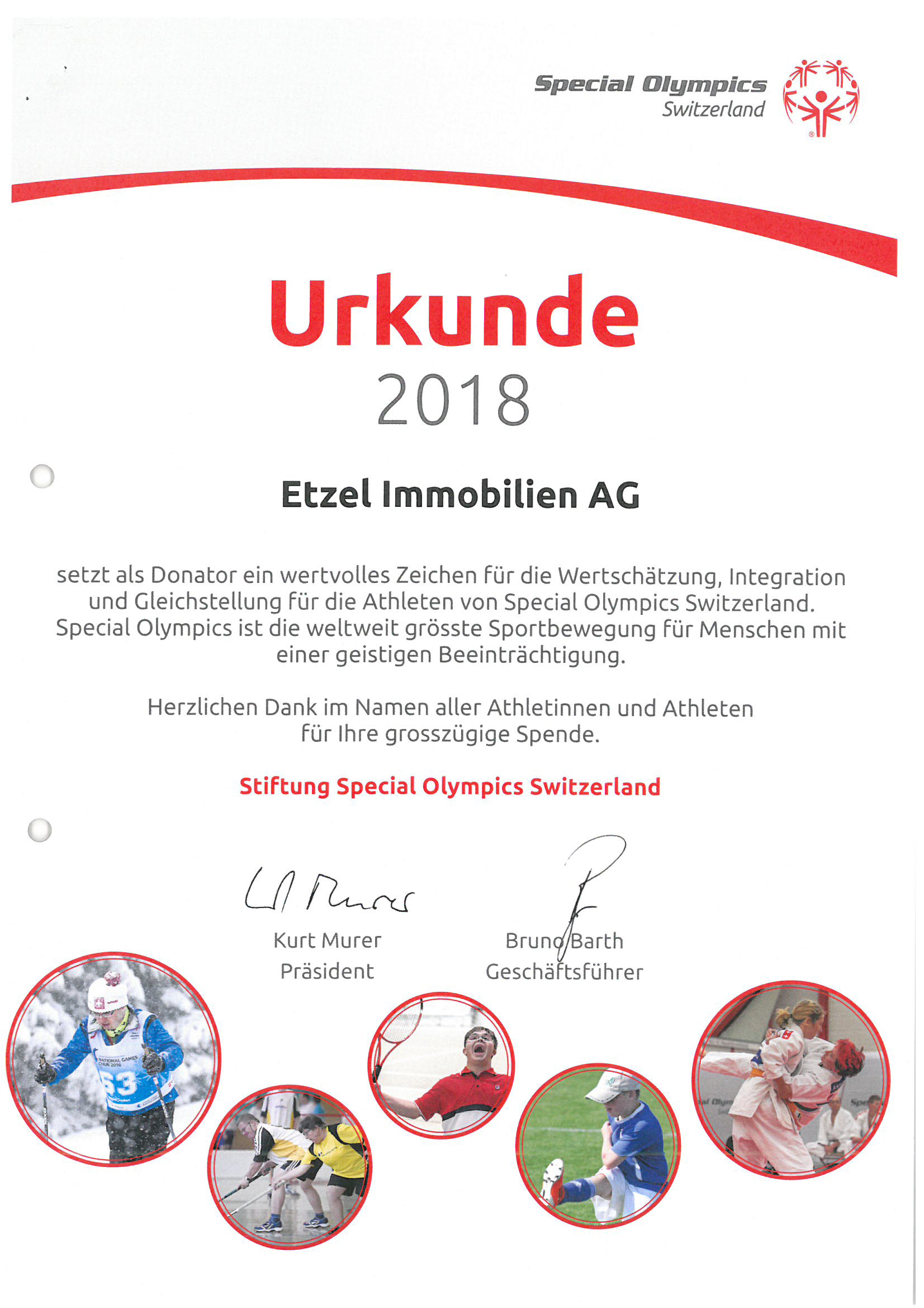 Urkunde Special Olympics Switzerland